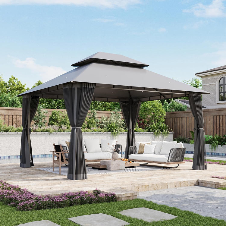 Aoxun Outdoor Gazebo for Patio 10x12, Metal Frame Canopy with Double Roofs, Heavy Duty Party Tent and Shelter with Mosquito Netting and Privacy Screen for Backyard, Lawn, Garden, Deck