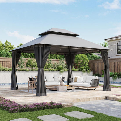 Aoxun Outdoor Gazebo for Patio 10x12, Metal Frame Canopy with Double Roofs, Heavy Duty Party Tent and Shelter with Mosquito Netting and Privacy Screen for Backyard, Lawn, Garden, Deck