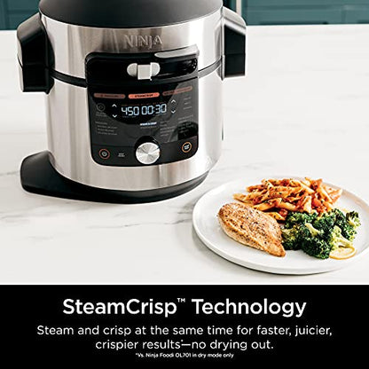 Ninja OL701 Foodi 14 in 1 SMART XL 8 Qt. Pressure Cooker Steam Fryer with SmartLid &amp; Thermometer   Auto Steam Release, that Air Fries, Proofs &amp; More, 3 Layer Capacity, 5 Qt. Crisp Basket, Silver/Black