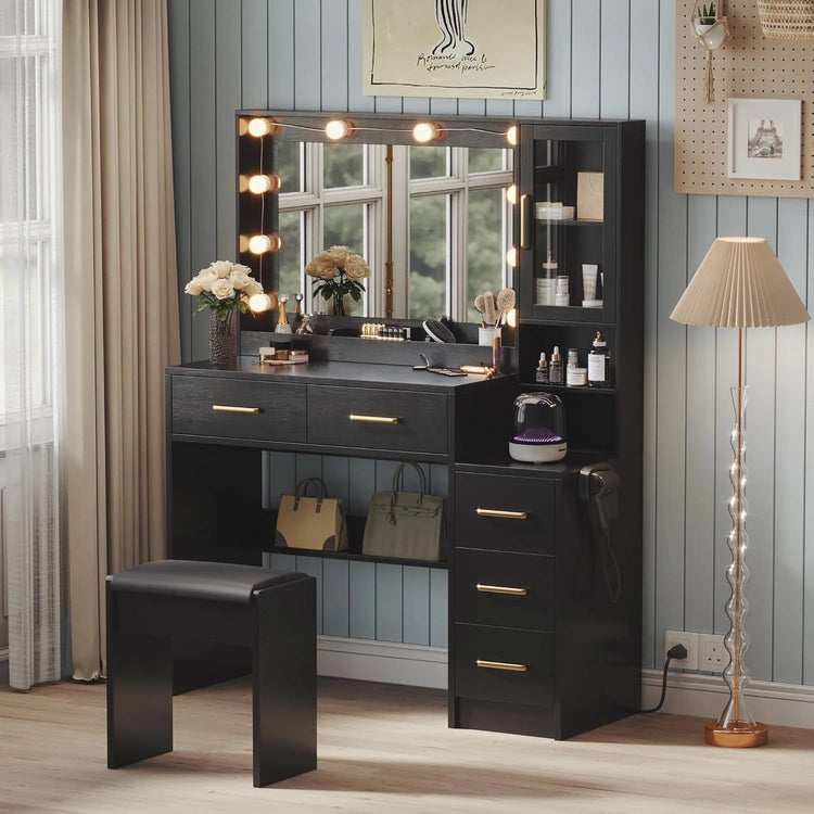 Black Vanity Desk with Mirror, Lights & Charging Station, 58.3" 3 Lighting Modes