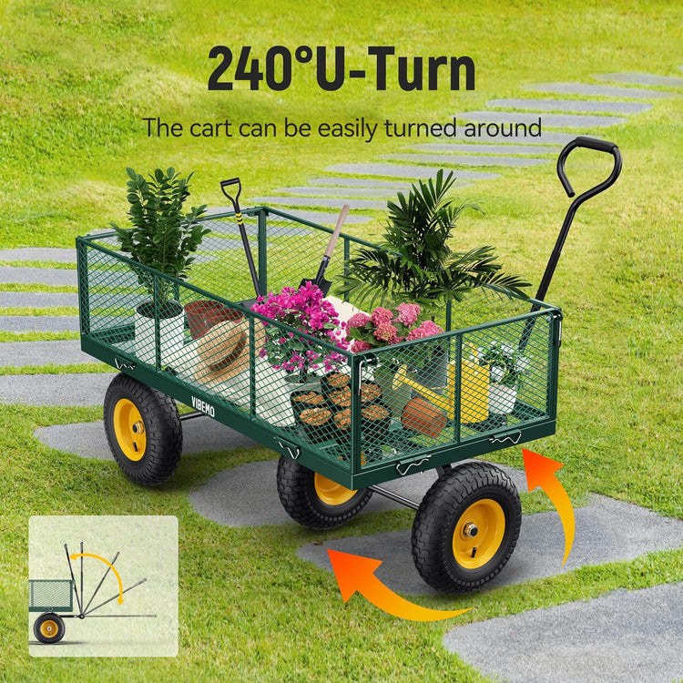 Steel Garden Cart 2-in-1 1400 lbs Heavy Duty Utility Wagon with Removable Mesh Sides to Convert into Flatbed 240?? U-Turn 13" Pneumatic Tires Garden Wagon for Farm Yard Lawn Garden Camping