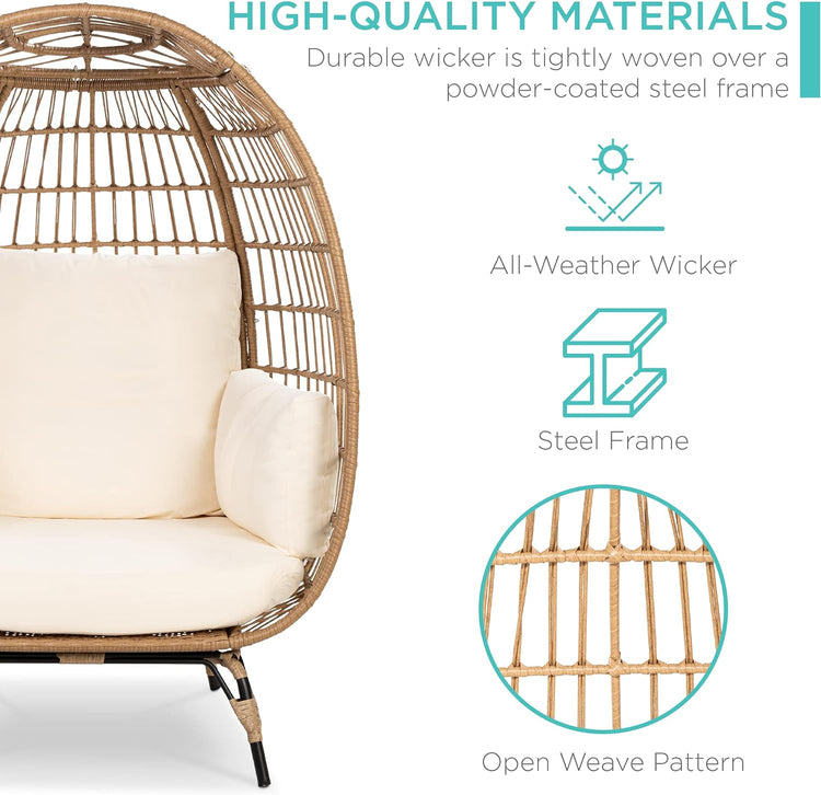 Best Choice Products Wicker Egg Chair Oversized Indoor Outdoor Lounger for Patio Backyard Living Room w/ 4 Cushions Steel Frame 440lb Capacity - Ivory