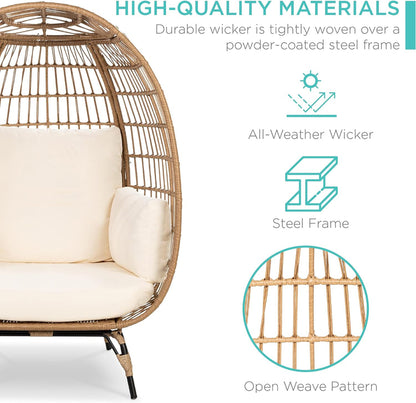 Best Choice Products Wicker Egg Chair Oversized Indoor Outdoor Lounger for Patio Backyard Living Room w/ 4 Cushions Steel Frame 440lb Capacity - Ivory