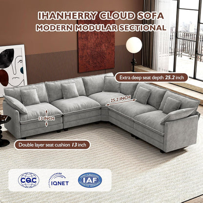Ihanherry 146" U-Shaped Modern Sofa Modular Sectional Cloud Couch with 2 Ottoman, 6-Seat Chenille Deep Seat Sofa with 6 Pillows for Living Room, Bedroom and Apartment, Grey