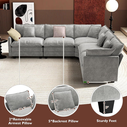 Ihanherry 146" U-Shaped Modern Sofa Modular Sectional Cloud Couch with 2 Ottoman, 6-Seat Chenille Deep Seat Sofa with 6 Pillows for Living Room, Bedroom and Apartment, Grey