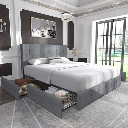 Allewie Upholstered Queen Size Platform Bed Frame with 4 Storage Drawers and Headboard