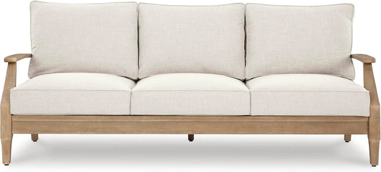 Signature Design by Ashley Clare View Coastal Outdoor Patio Eucalyptus Sofa with Cushions, Beige