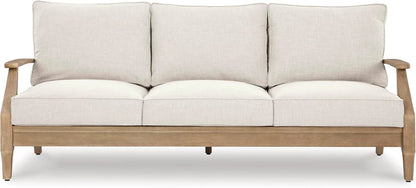 Signature Design by Ashley Clare View Coastal Outdoor Patio Eucalyptus Sofa with Cushions, Beige