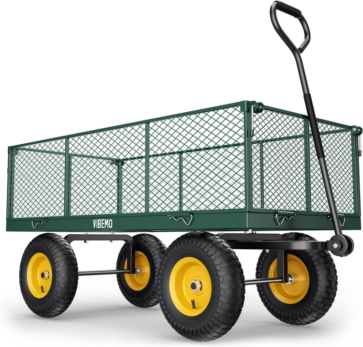 Steel Garden Cart 2-in-1 1400 lbs Heavy Duty Utility Wagon with Removable Mesh Sides to Convert into Flatbed 240?? U-Turn 13" Pneumatic Tires Garden Wagon for Farm Yard Lawn Garden Camping