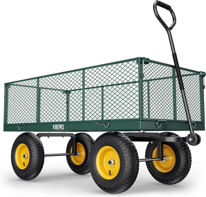 Steel Garden Cart 2-in-1 1400 lbs Heavy Duty Utility Wagon with Removable Mesh Sides to Convert into Flatbed 240?? U-Turn 13" Pneumatic Tires Garden Wagon for Farm Yard Lawn Garden Camping