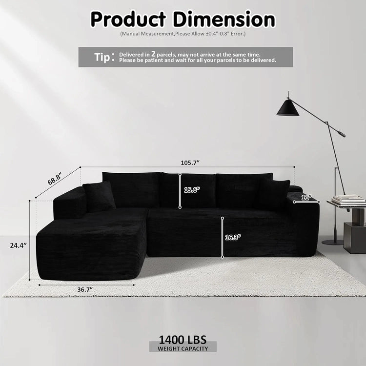 ovios 104" Cloud Sectional Couch with L-Shape Chaise,Modern Modular Sofa with Deep Seat, Upholstered Couches for Living Room Bedroom,No Assembly Required, Grey (Plush Corduroy Fabric)