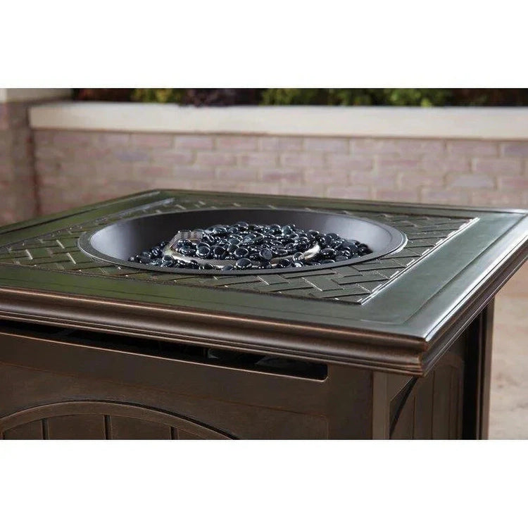 2025 5-Piece Steel Patio Fire Pit Conversation Set with Navy Blue Cushions, Swivel Gliders and Square Fire Pit Table