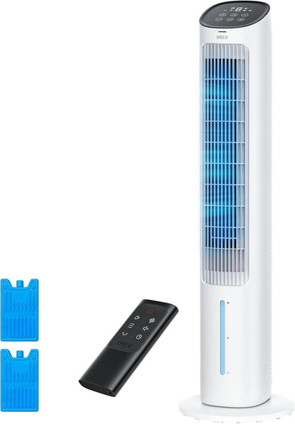 DREO Portable Air Conditioners Fan, 40锟?Standing Fans that Blow Cold Air, Portable AC锟?0掳 Oscillating Evaporative Air Cooler锛Removable Water Tank, Ice Packs, Remote Control, 4 Speeds, 7H Timer, White