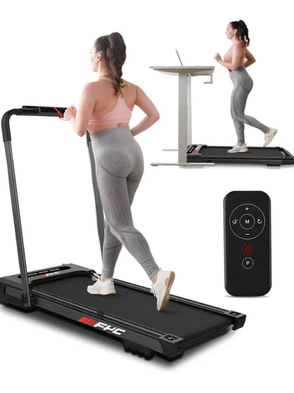 FYC 3.5HP Under Desk Treadmill 300LBS Weight Capacity 2-in-1 Foldable Design Remote Control & LED Display Compact Electric Walking and Running Machine for Walking Running Jogging (Black)
