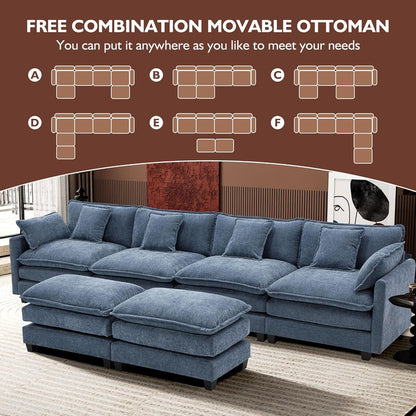 Ihanherry 146" U-Shaped Modern Sofa Modular Sectional Cloud Couch with 2 Ottoman, 6-Seat Chenille Deep Seat Sofa with 6 Pillows for Living Room, Bedroom and Apartment, Grey