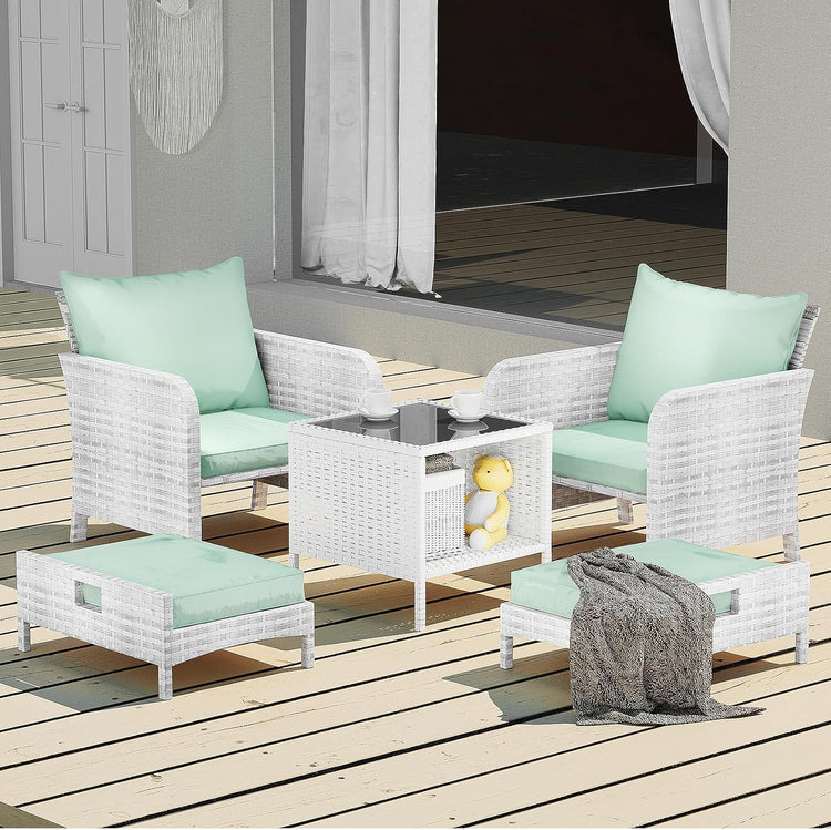 LEVELEVE Balcony Furniture 5 Piece Patio Conversation Set, PE Wicker Rattan Outdoor Lounge Chairs with Soft Cushions 2 Ottoman&Glass Table for Porch, Lawn-Brown Wicker