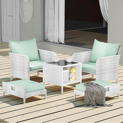LEVELEVE Balcony Furniture 5 Piece Patio Conversation Set, PE Wicker Rattan Outdoor Lounge Chairs with Soft Cushions 2 Ottoman&Glass Table for Porch, Lawn-Brown Wicker