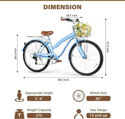 WEIZE Beach Cruiser Bike 26 inch Commuter Bicycle for Adult Men and Women 7-Speed/High-Carbon