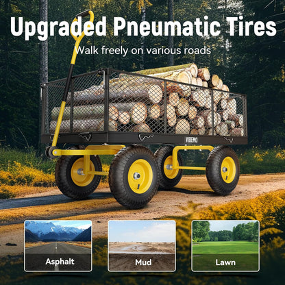 Steel Garden Cart 2-in-1 1400 lbs Heavy Duty Utility Wagon with Removable Mesh Sides to Convert into Flatbed 240?? U-Turn 13" Pneumatic Tires Garden Wagon for Farm Yard Lawn Garden Camping