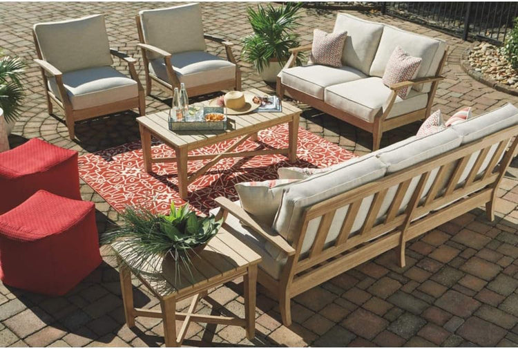 Signature Design by Ashley Clare View Coastal Outdoor Patio Eucalyptus Sofa with Cushions, Beige
