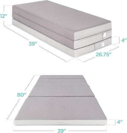 Best Choice Products 4in Portable Queen-Size Mattress, Tri-Fold Mattress for Camping, Guest, Toddler, Foam Plush w/Carry Case - Grey