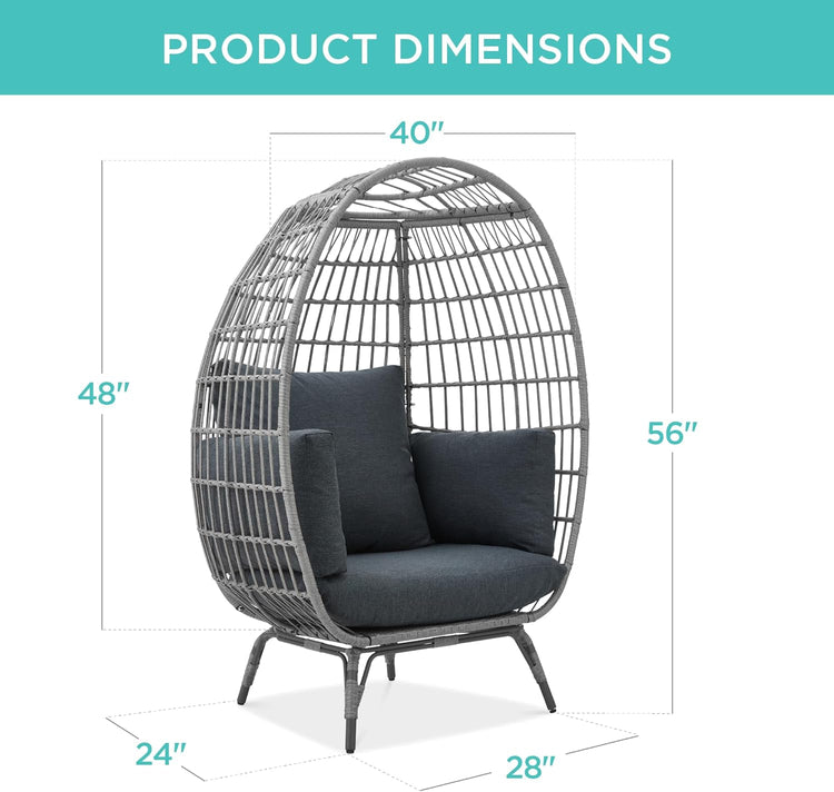 Best Choice Products Wicker Egg Chair Oversized Indoor Outdoor Lounger for Patio Backyard Living Room w/ 4 Cushions Steel Frame 440lb Capacity - Ivory