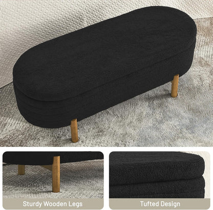 Furniliving Modern Storage Ottoman Bench, Sherpa Ottoman End of Bed Bench with Solid Wood Legs Upholstered Ottoman Benches with Storage Indoor Bench for Living Room with Rolled Arm, Entryway, White