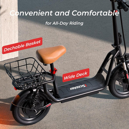 iScooter electric scooter with seat, 37/21 mile range, 28/19/15.6 mph top speed, dual suspension scooter with basket
