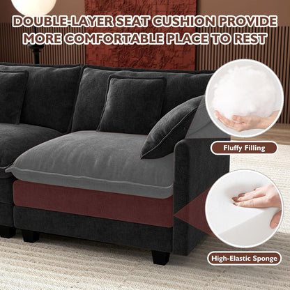 Ihanherry 146" U-Shaped Modern Sofa Modular Sectional Cloud Couch with 2 Ottoman, 6-Seat Chenille Deep Seat Sofa with 6 Pillows for Living Room, Bedroom and Apartment, Grey