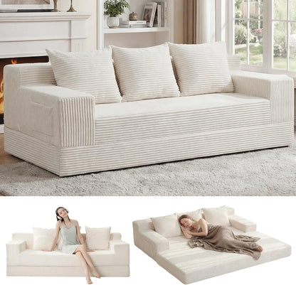 Loveseat Boneless Convertible Sofa Bed, Folding Floor Futon Sleeper Sofa Couch Bed- Boneless Foldable Couch, Corduroy Pull Out Sofa Bed with 2 Pillows for Living Room & Bedroom