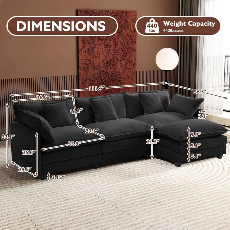 Ihanherry 146" U-Shaped Modern Sofa Modular Sectional Cloud Couch with 2 Ottoman, 6-Seat Chenille Deep Seat Sofa with 6 Pillows for Living Room, Bedroom and Apartment, Grey