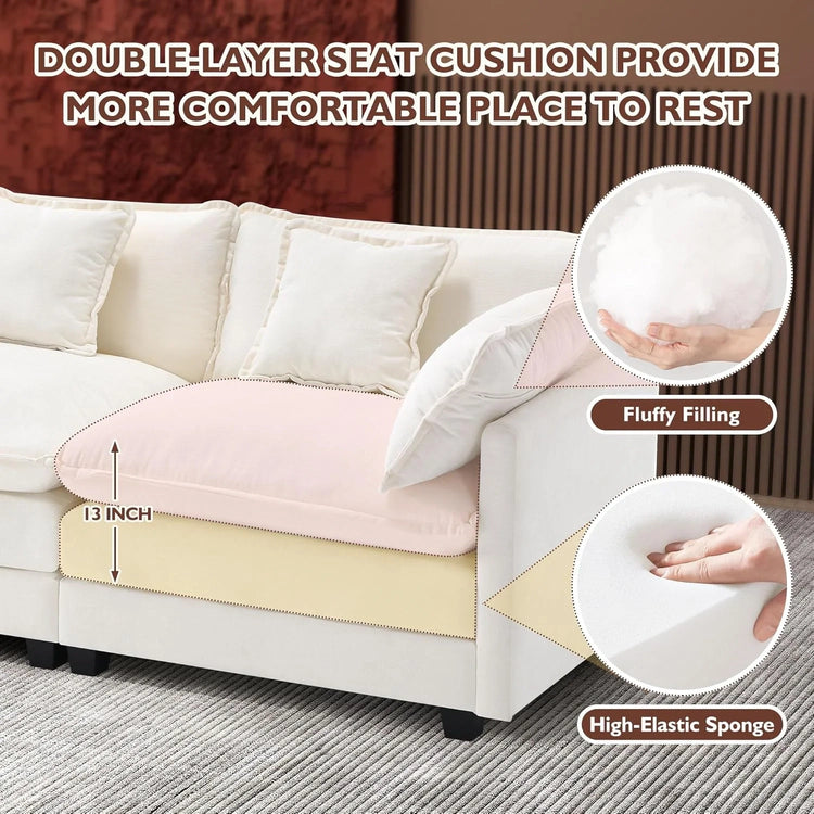Ihanherry 146" U-Shaped Modern Sofa Modular Sectional Cloud Couch with 2 Ottoman, 6-Seat Chenille Deep Seat Sofa with 6 Pillows for Living Room, Bedroom and Apartment, Grey
