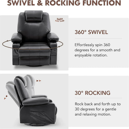 Oversized Swivel Rocker Recliner Chair with Heat and Massage, 360 Degree Swivel Rocking Single Sofa with Cup Holders and USB Port, Large Big Recliner Chair for Living Room (Leather, Brown)