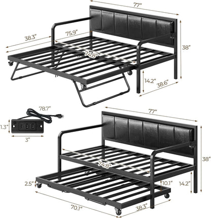 Rolanstar Daybed with Charging Station and LED Lights, Height Adjustable Twin Daybed with Trundle, Metal Sofa Bed Frame with Steel Slat Support