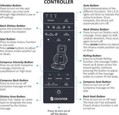 COMFIER Massager Chair with Heat Shiatsu Neck Back Massager Portable with Compress & Rolling Massage Chair Pad for Full Back Neck & Shoulders Full Body Pain