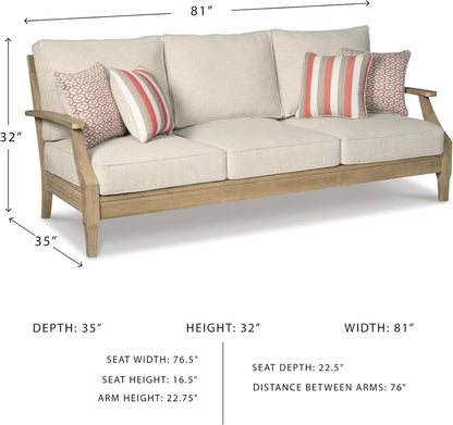 Signature Design by Ashley Clare View Coastal Outdoor Patio Eucalyptus Sofa with Cushions, Beige
