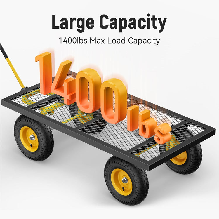 Steel Garden Cart 2-in-1 1400 lbs Heavy Duty Utility Wagon with Removable Mesh Sides to Convert into Flatbed 240?? U-Turn 13" Pneumatic Tires Garden Wagon for Farm Yard Lawn Garden Camping