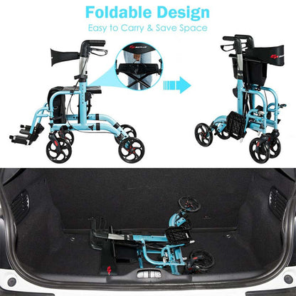 2 In 1 Rollator Walker Wheelchair Folding Medical Walker Aluminum Transport Chair Mobility Walking Aid - Comfortable And Ergonomic Design