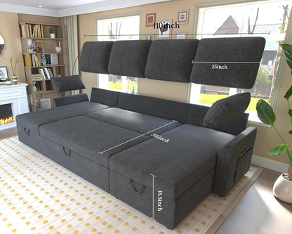 VanAcc Sofa Bed, Sleeper Sofa with Storage Chaise 2 in 1 Pull Out Couch Living Room