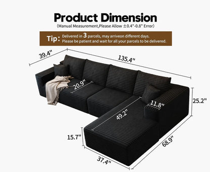 107.5" Cloud Modular Sectional Sofa Couch with L-Shape Chaise,Modern Minimalist Upholstered Couches for Living Room Bedroom,Deep Seat Corner Couch .No Assembly Required (Black,Left Facing Chaise)