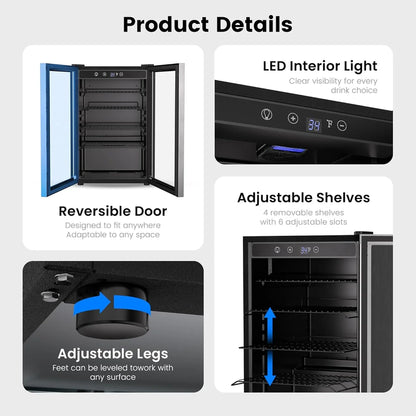 Beverage Refrigerator Cooler - 126 Can Mini Fridge Glass Door for Drinks Soda Beer Wine - Small Refrigerator for Office Bedroom Home Bar, 4 Adjustable Shelves, 3.2 Cu.Ft, Silver