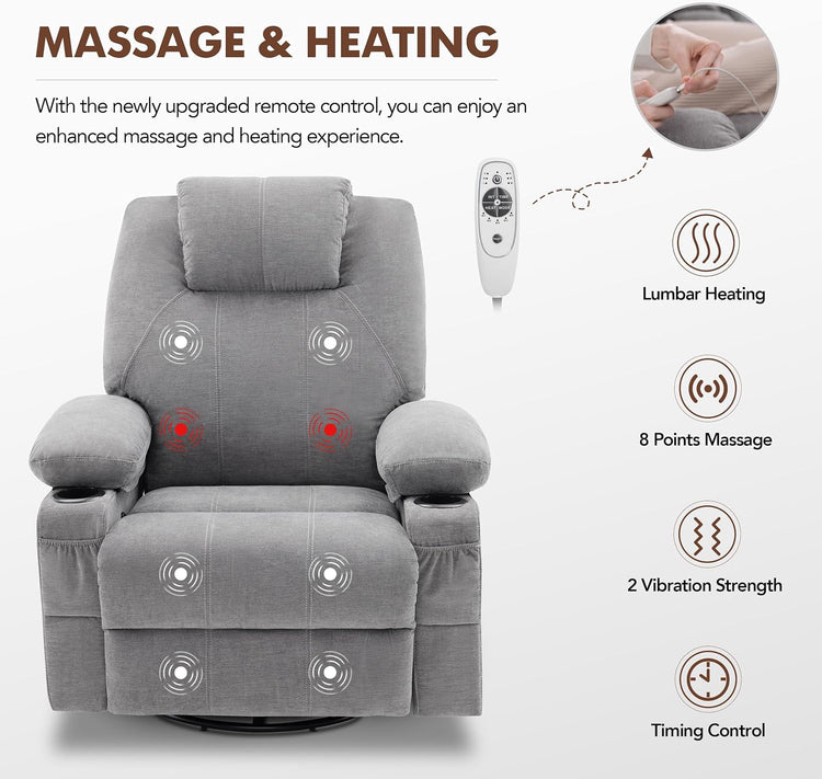 Oversized Swivel Rocker Recliner Chair with Heat and Massage, 360 Degree Swivel Rocking Single Sofa with Cup Holders and USB Port, Large Big Recliner Chair for Living Room (Leather, Brown)