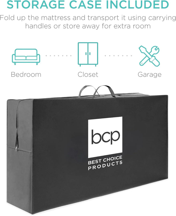 Best Choice Products 4in Portable Queen-Size Mattress, Tri-Fold Mattress for Camping, Guest, Toddler, Foam Plush w/Carry Case - Grey