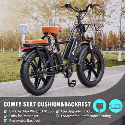 Electric Bike for Adults750W 30-70Miles 48V 15AH Removable Battery Ebike 20" x 4.0 Fat Tire Beach Commuting E-Bike 2 Seater W/Fork Suspension UL2849