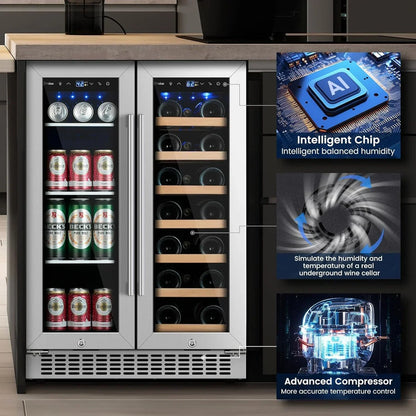 24 inch Dual Zone Beverage Refrigerator 30 Bottles 82 Cans Wine Fridge Built-in or Freestanding