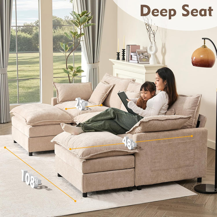 108 Inch U Shape Sofa Sectional Sofa Comfortable Cloud Sofa with Removable Footstool