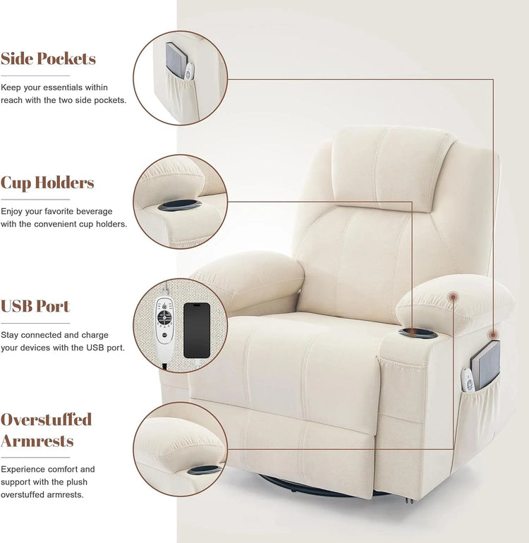 Oversized Swivel Rocker Recliner Chair with Heat and Massage, 360 Degree Swivel Rocking Single Sofa with Cup Holders and USB Port, Large Big Recliner Chair for Living Room (Leather, Brown)