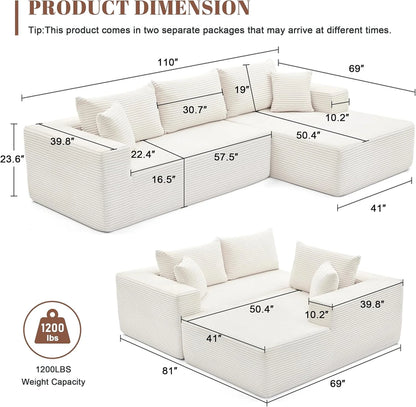 110 Cloud Sectional Couch, Boneless Sofa for Living Room Modular Sectional Sofa with Deep Seat