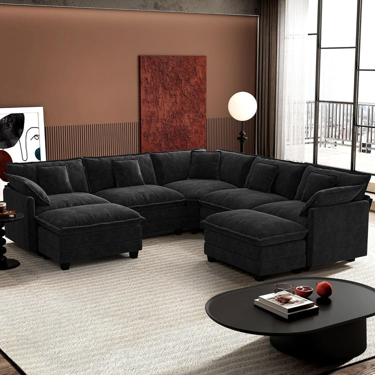 Ihanherry 146" U-Shaped Modern Sofa Modular Sectional Cloud Couch with 2 Ottoman, 6-Seat Chenille Deep Seat Sofa with 6 Pillows for Living Room, Bedroom and Apartment, Grey