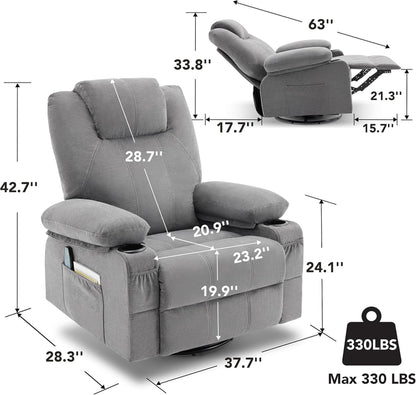 Oversized Swivel Rocker Recliner Chair with Heat and Massage, 360 Degree Swivel Rocking Single Sofa with Cup Holders and USB Port, Large Big Recliner Chair for Living Room (Leather, Brown)